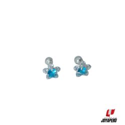 Aretes Flor con 5 pétalos blanco punto celeste